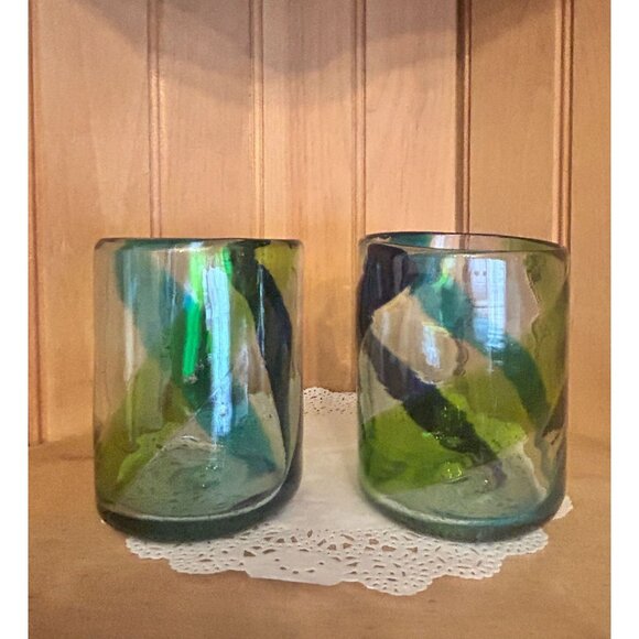 Hand Blown Multicolored Swirl Design Glass Tumblers Cocktails Tequila Blue Green - Picture 4 of 7